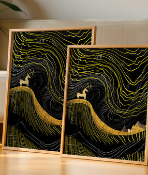 Ciervo dorado y paisaje montañoso abstracto con líneas onduladas