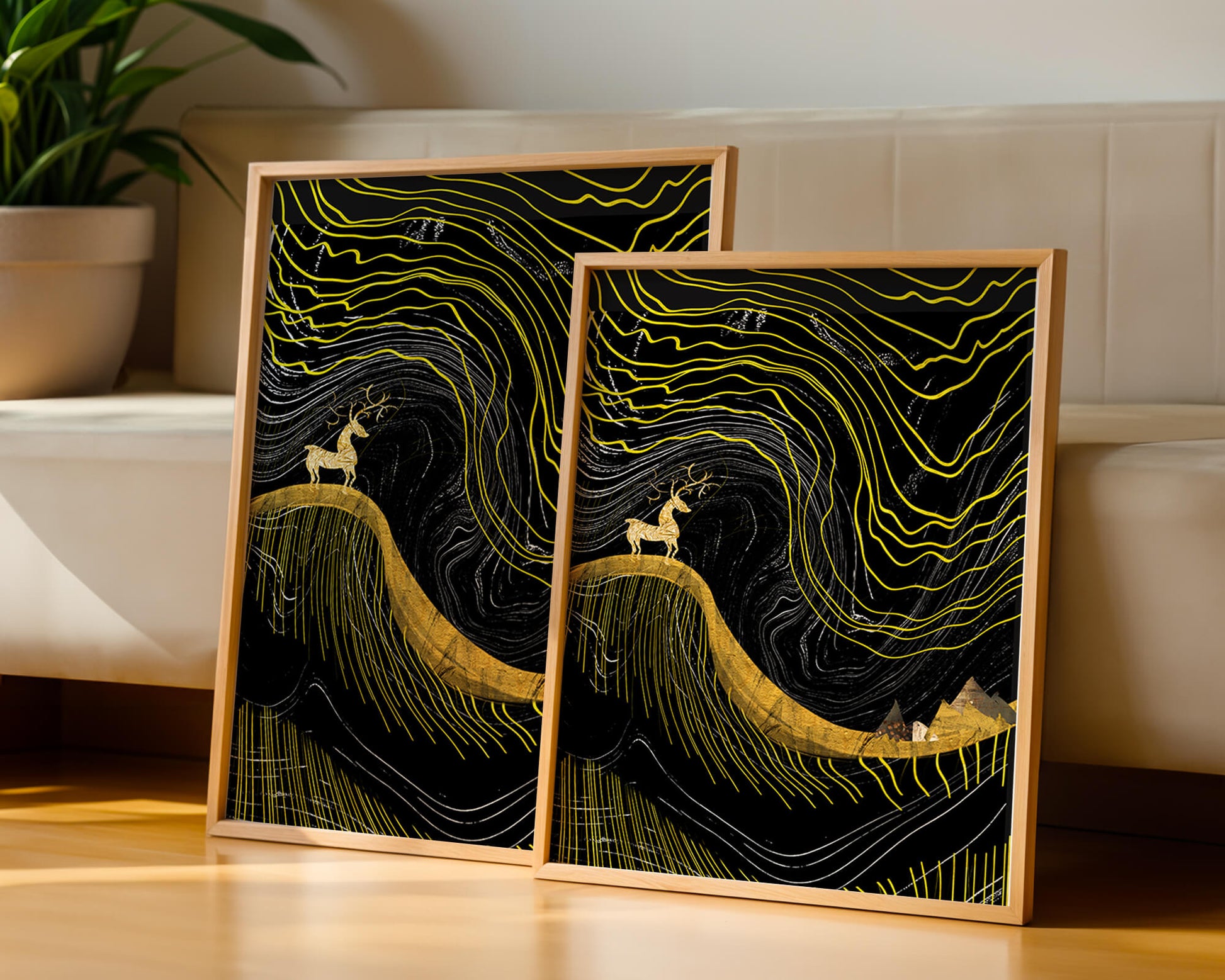 Ciervo dorado y paisaje montañoso abstracto con líneas onduladas