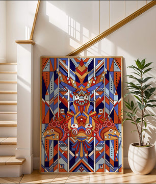 Arte tribal geométrico con colores vibrantes y patrones simétricos