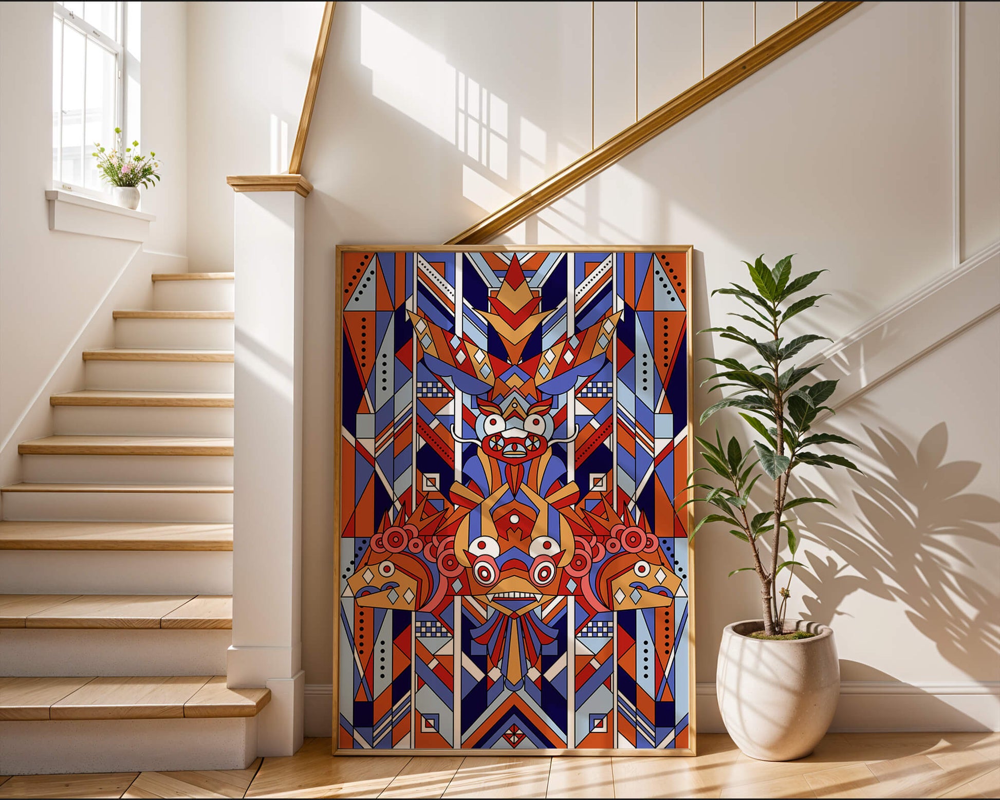 Arte tribal geométrico con colores vibrantes y patrones simétricos