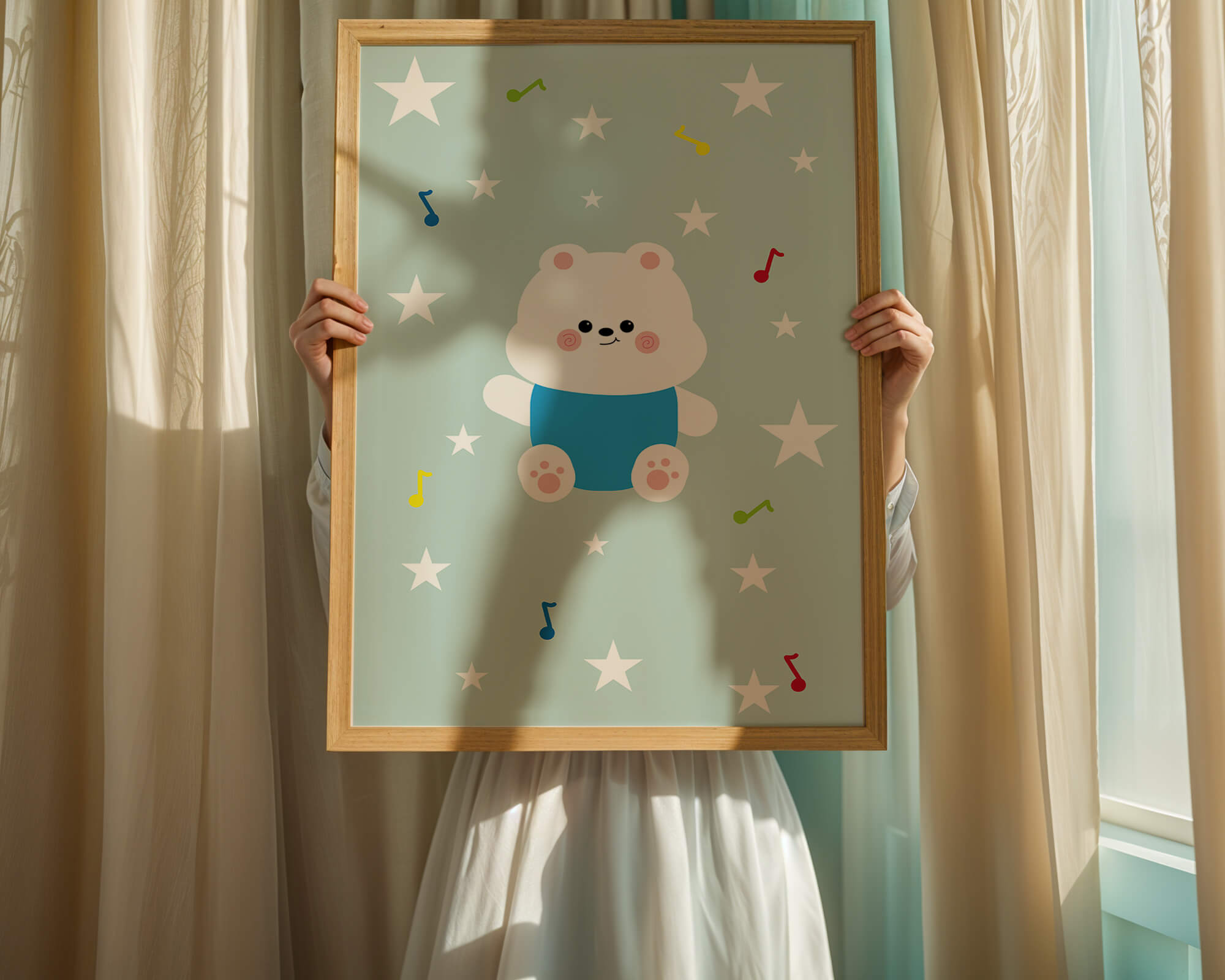 Playful bear illustration with musical notes and stars