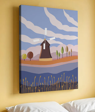 Paysage coloré avec moulin à vent et arbres abstraits