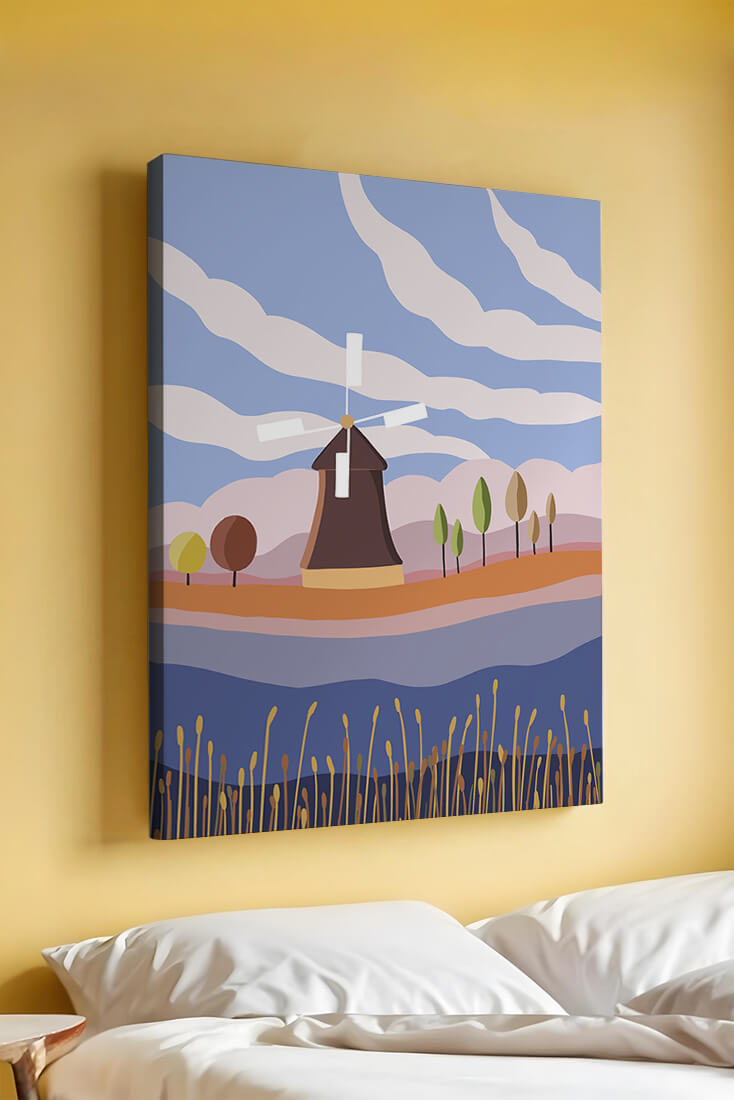 Colorful Landscape Featuring Windmill and Abstract Trees