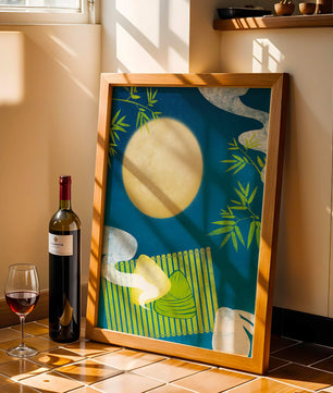 Moonlit night with bamboo and dumplings on a mat