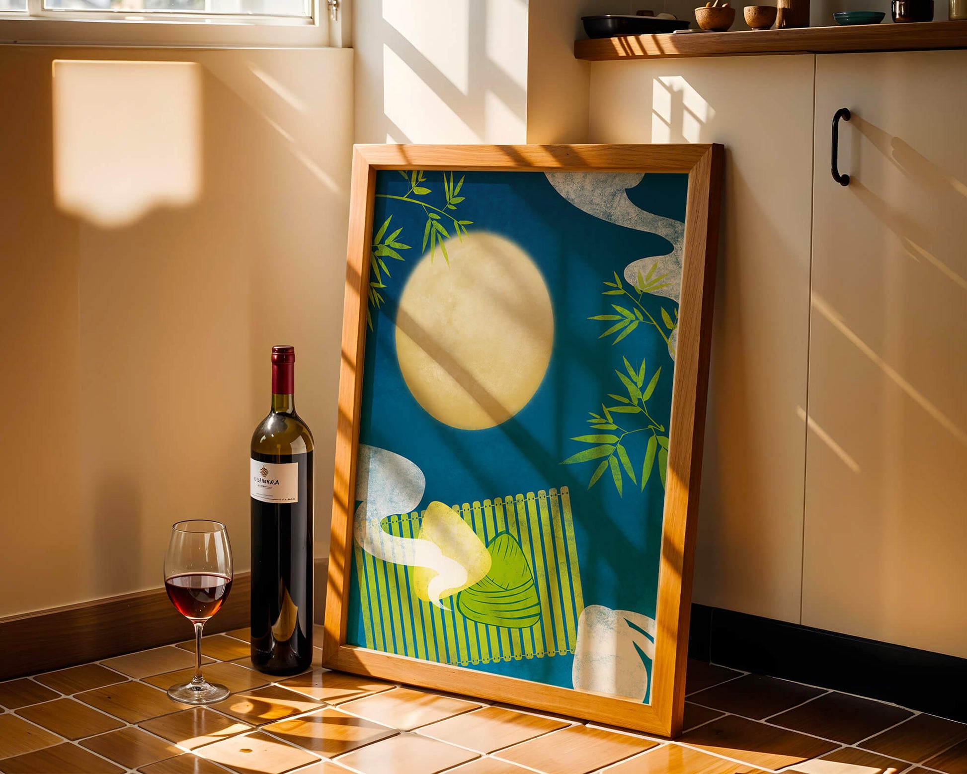 Moonlit night with bamboo and dumplings on a mat