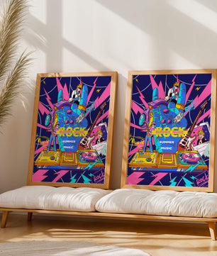 Ilustración temática vibrante de música rock con instrumentos y artistas