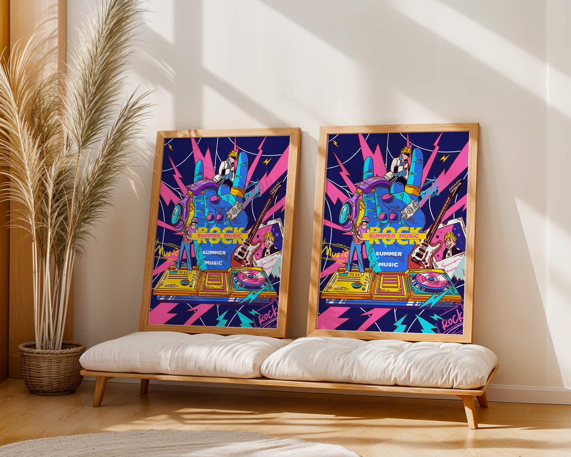 Ilustración temática vibrante de música rock con instrumentos y artistas