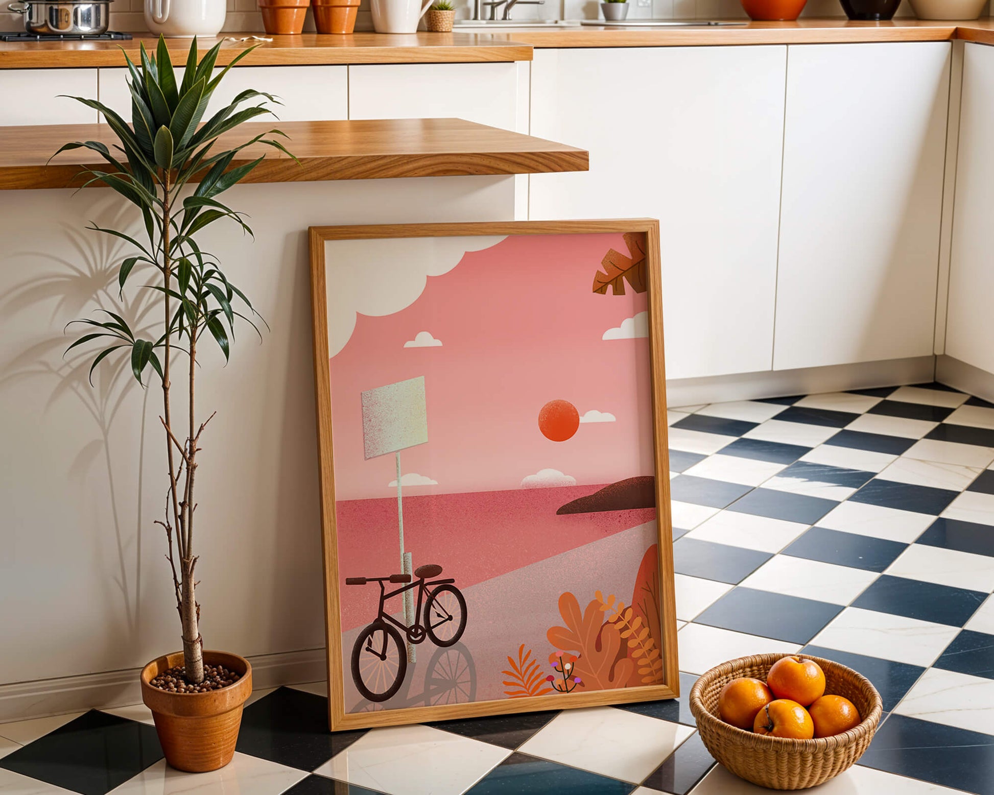 Serene sunset with bicycle by the sea in pastel colors