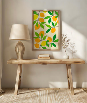 Vibrant lemon pattern with colorful leaves and citrus fruits