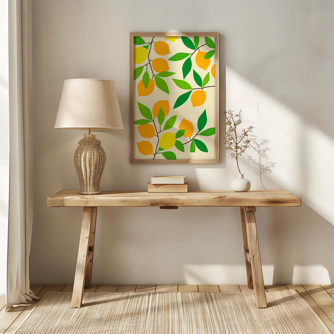 Vibrant lemon pattern with colorful leaves and citrus fruits