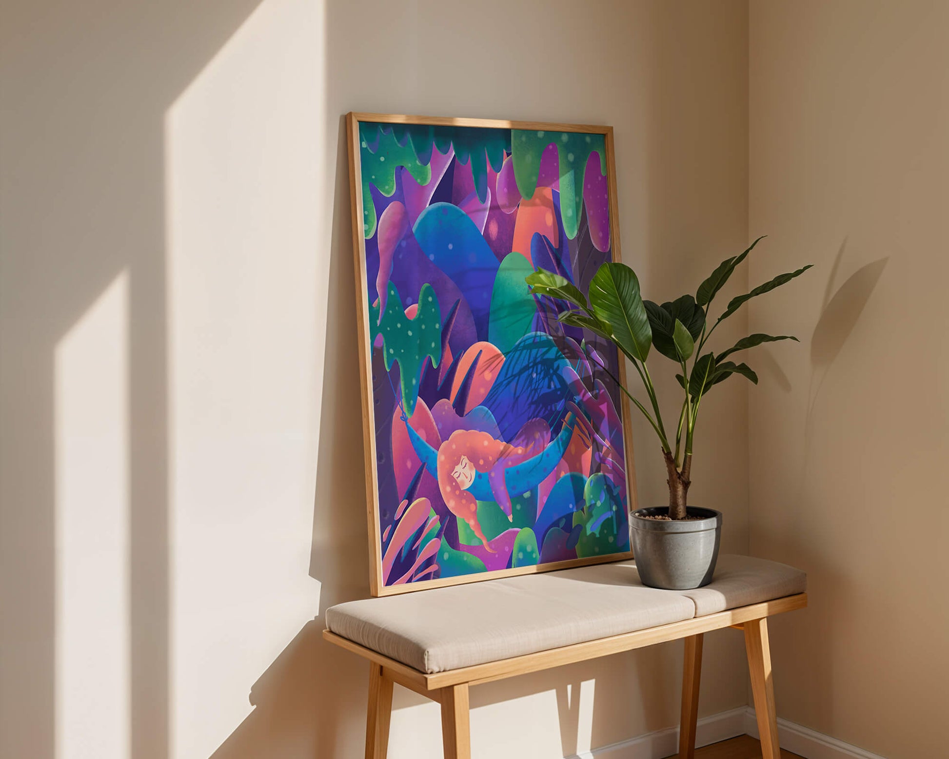 Selva surrealista onírica con mujer dormida