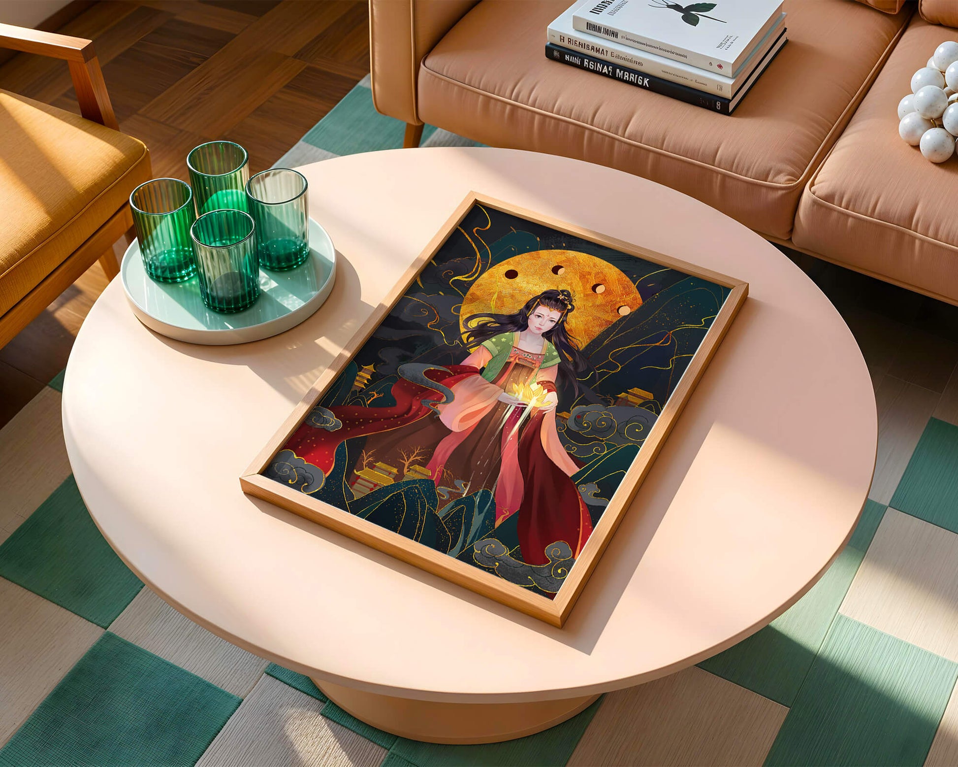 Elegante representación de una figura mítica con un fondo celestial dorado.