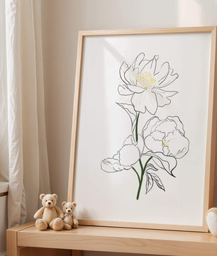 Elegante Pfingstrosen-Linienkunst mit goldenen Akzenten