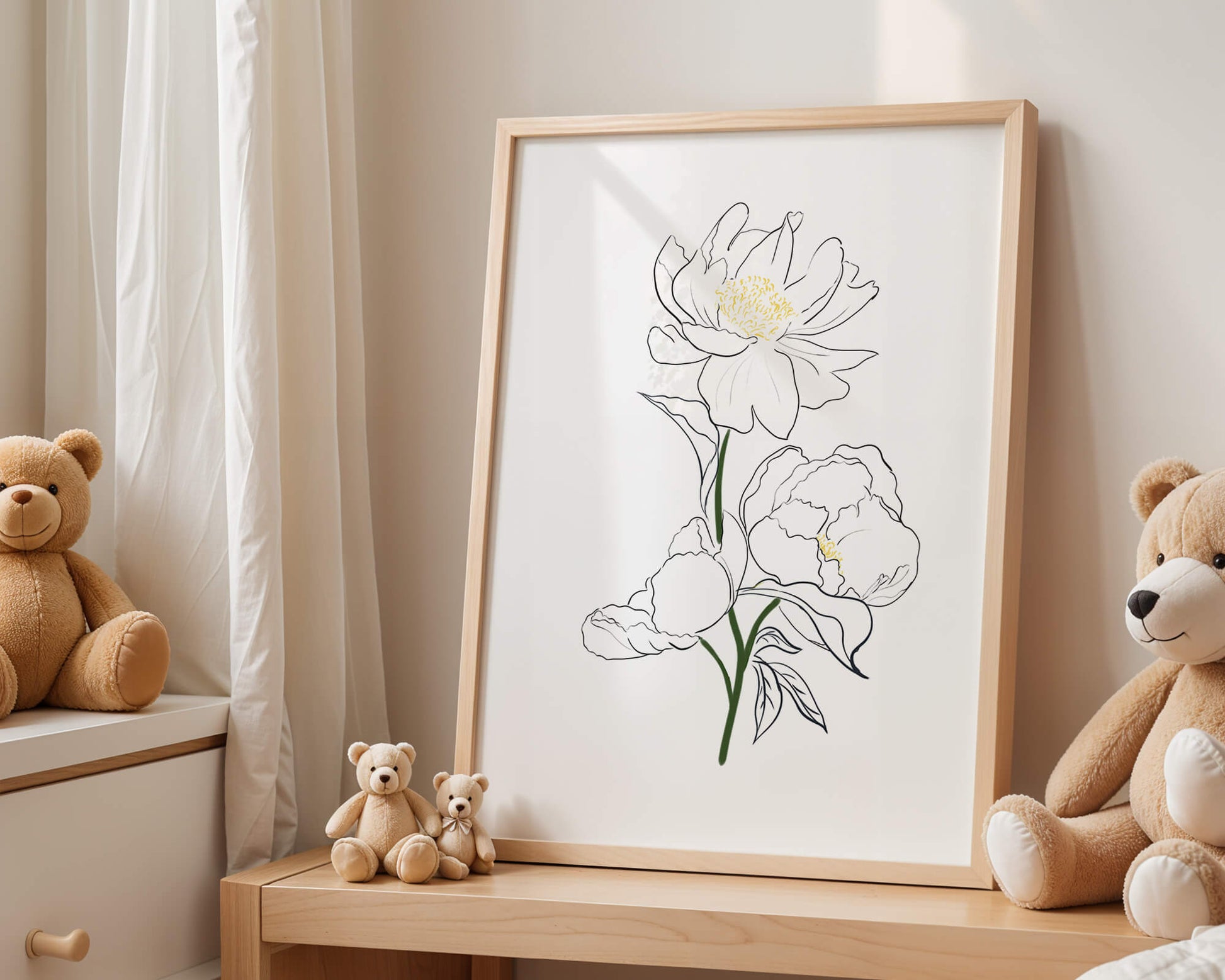 Elegante Pfingstrosen-Linienkunst mit goldenen Akzenten