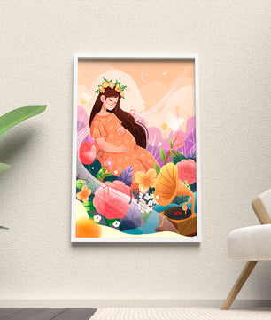 Femme dans la nature avec des fleurs et des notes de musique