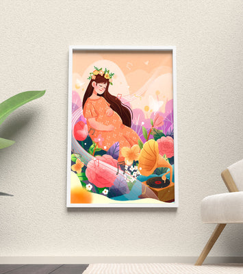 Woman in nature with flowers and musical notes