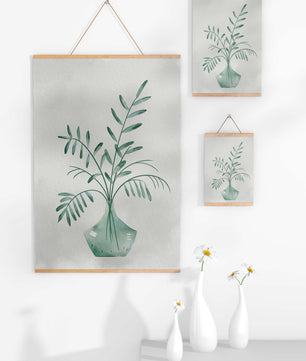 Illustration minimaliste à l’aquarelle de feuilles vertes dans un vase en verre