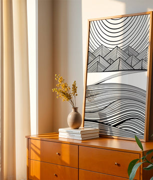Abstract Black and White Geometric Landscape with Line Art