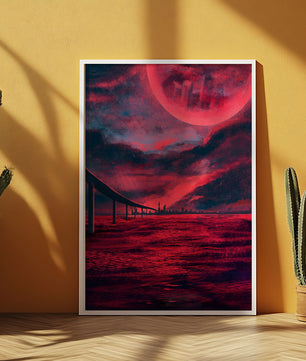Surreal Scarlet Landscape with Bridge and Celestial Body