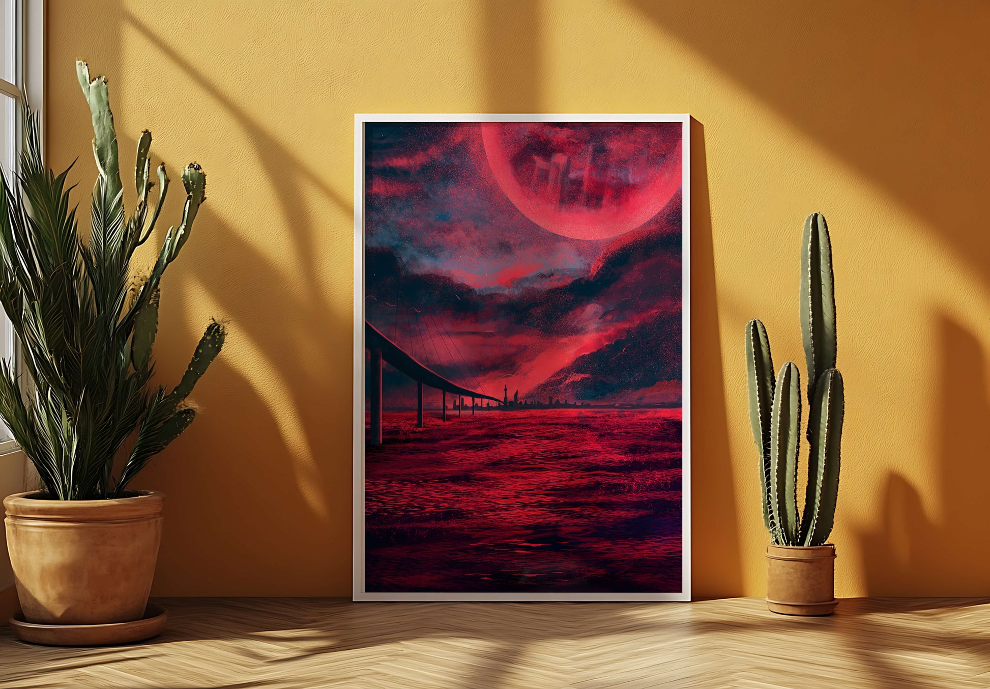 Surreal Scarlet Landscape with Bridge and Celestial Body