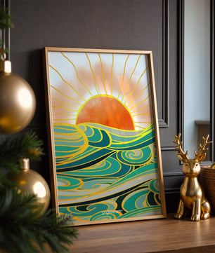Sunrise over stylized ocean waves with gold accents