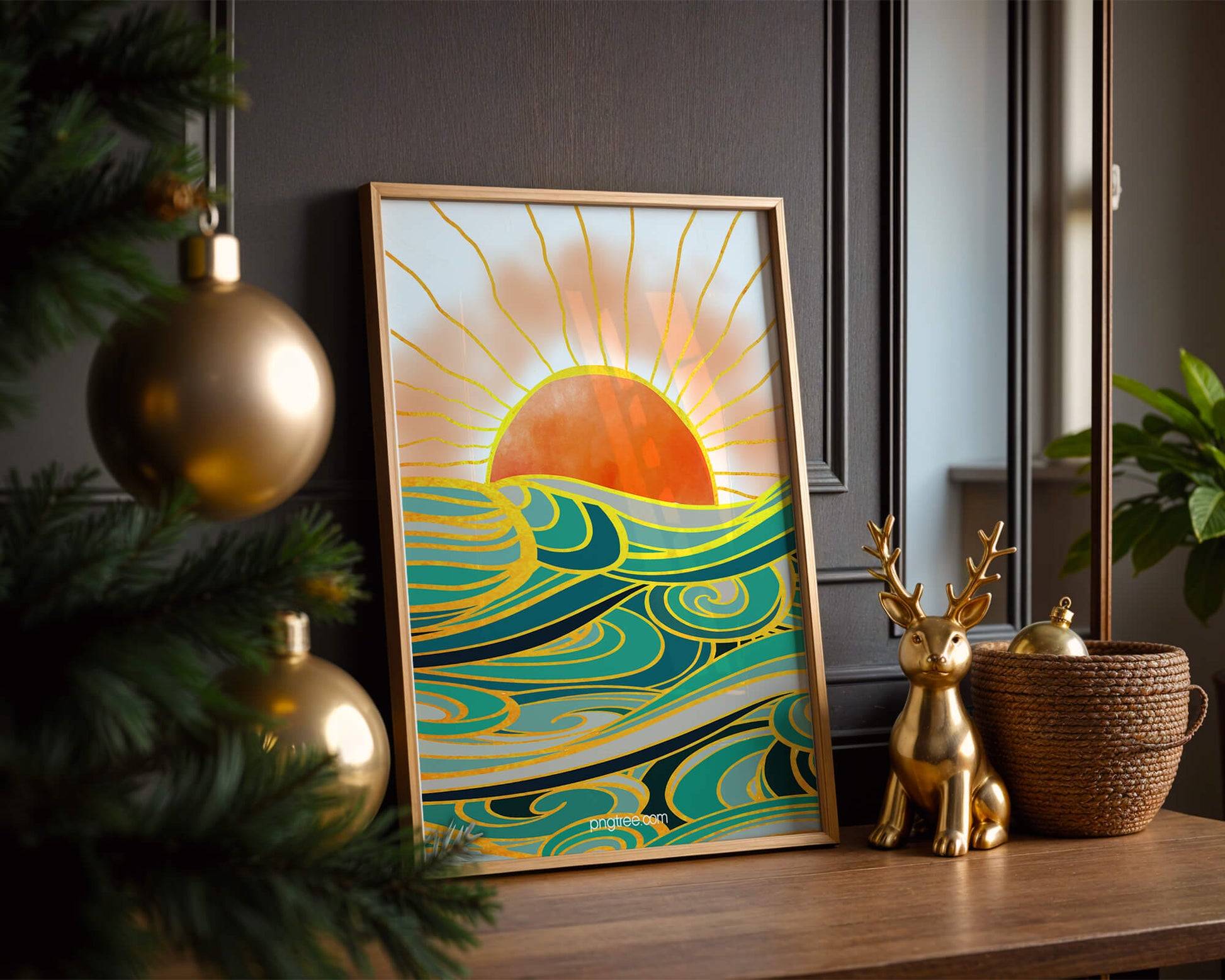 Sunrise over stylized ocean waves with gold accents