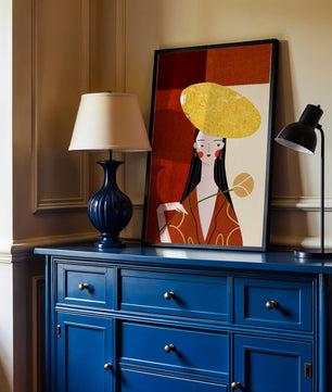 Elegant Woman with a Gold Hat and a Flower on a Red Background - Mi tienda