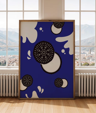 Graphic design featuring cookies and milk splashes on blue background