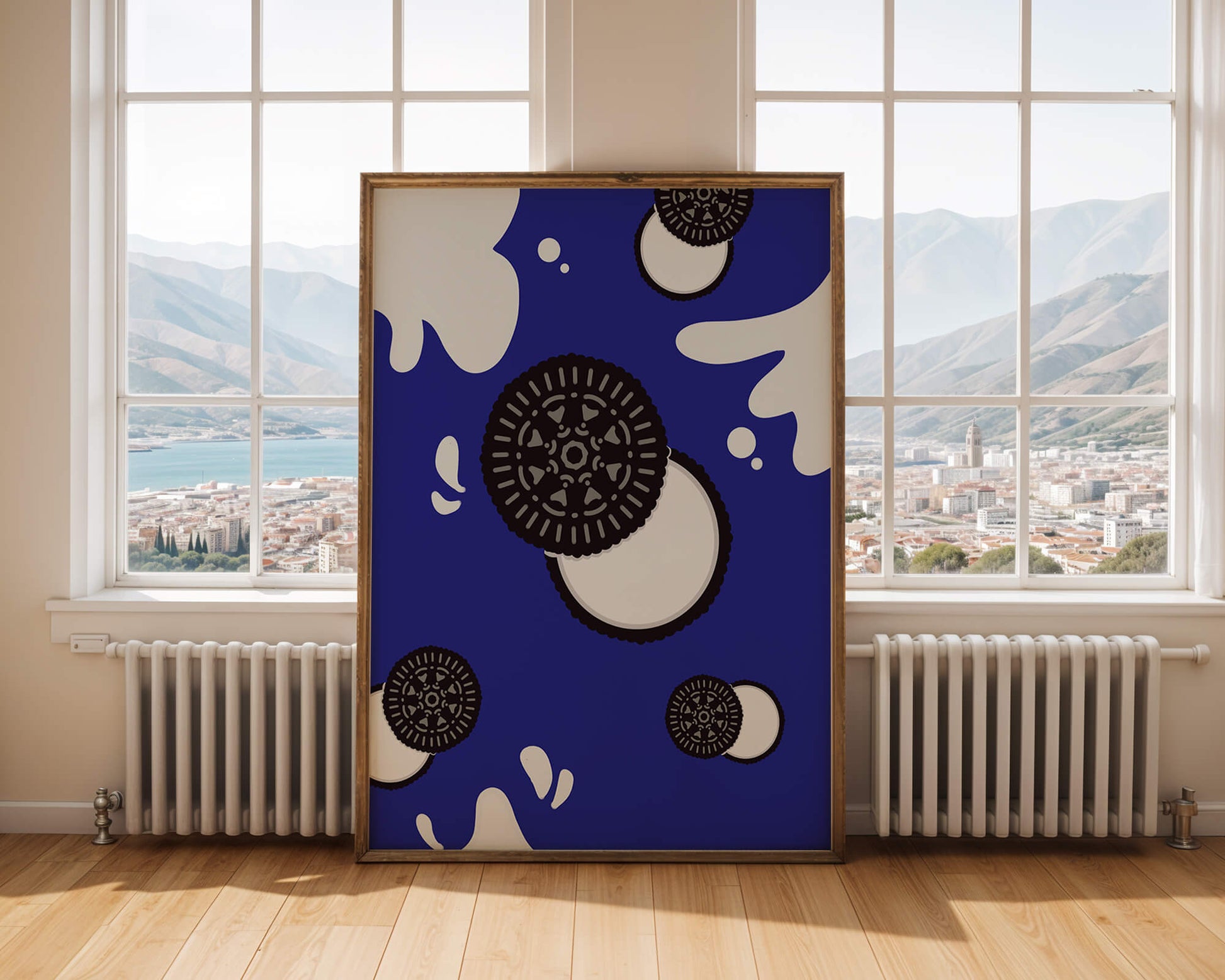 Graphic design featuring cookies and milk splashes on blue background