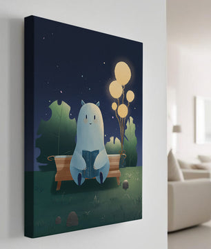 Ilustración nocturna acogedora con una criatura leyendo bajo un cielo estrellado