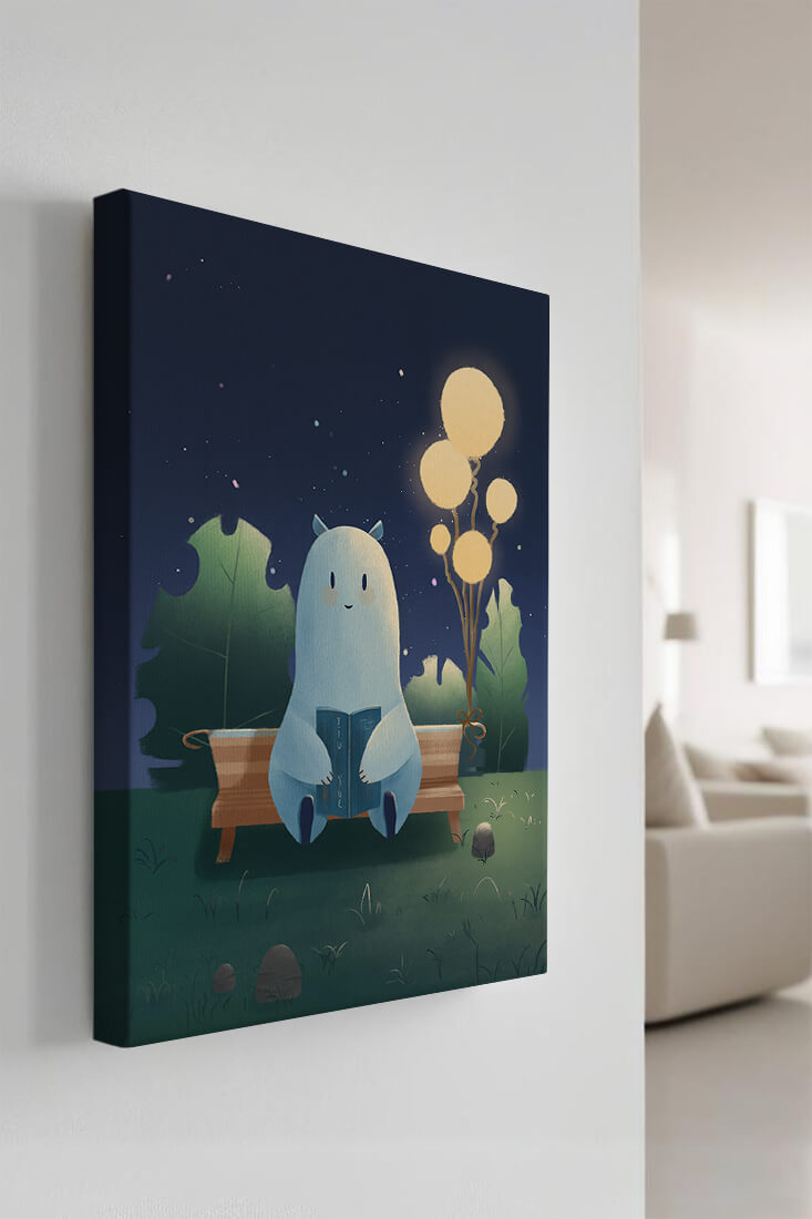 Cozy nighttime illustration with a creature reading under starry sky