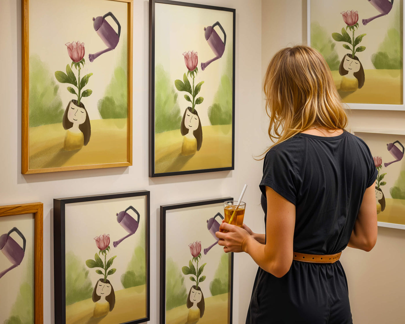 Illustration of a girl with a flower growing from her head being watered