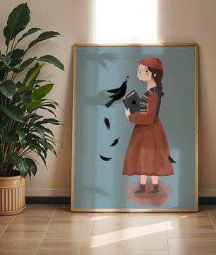 chica en atuendo vintage con pájaro y libro sobre fondo azul