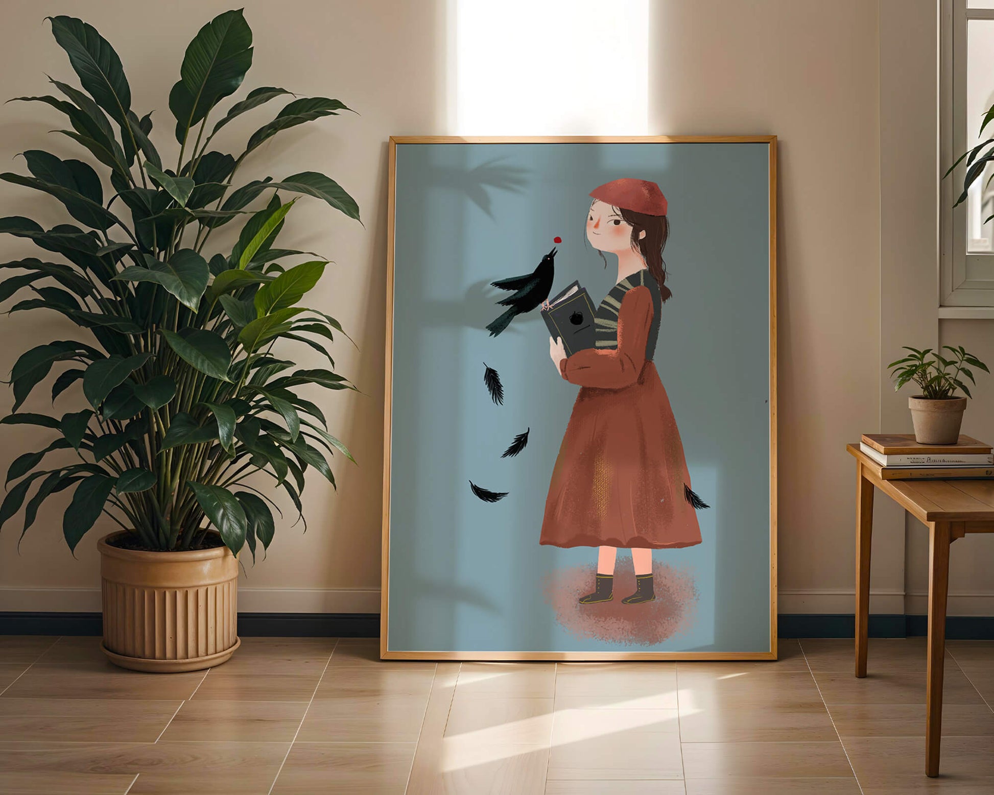 girl in vintage attire with bird and book on blue background