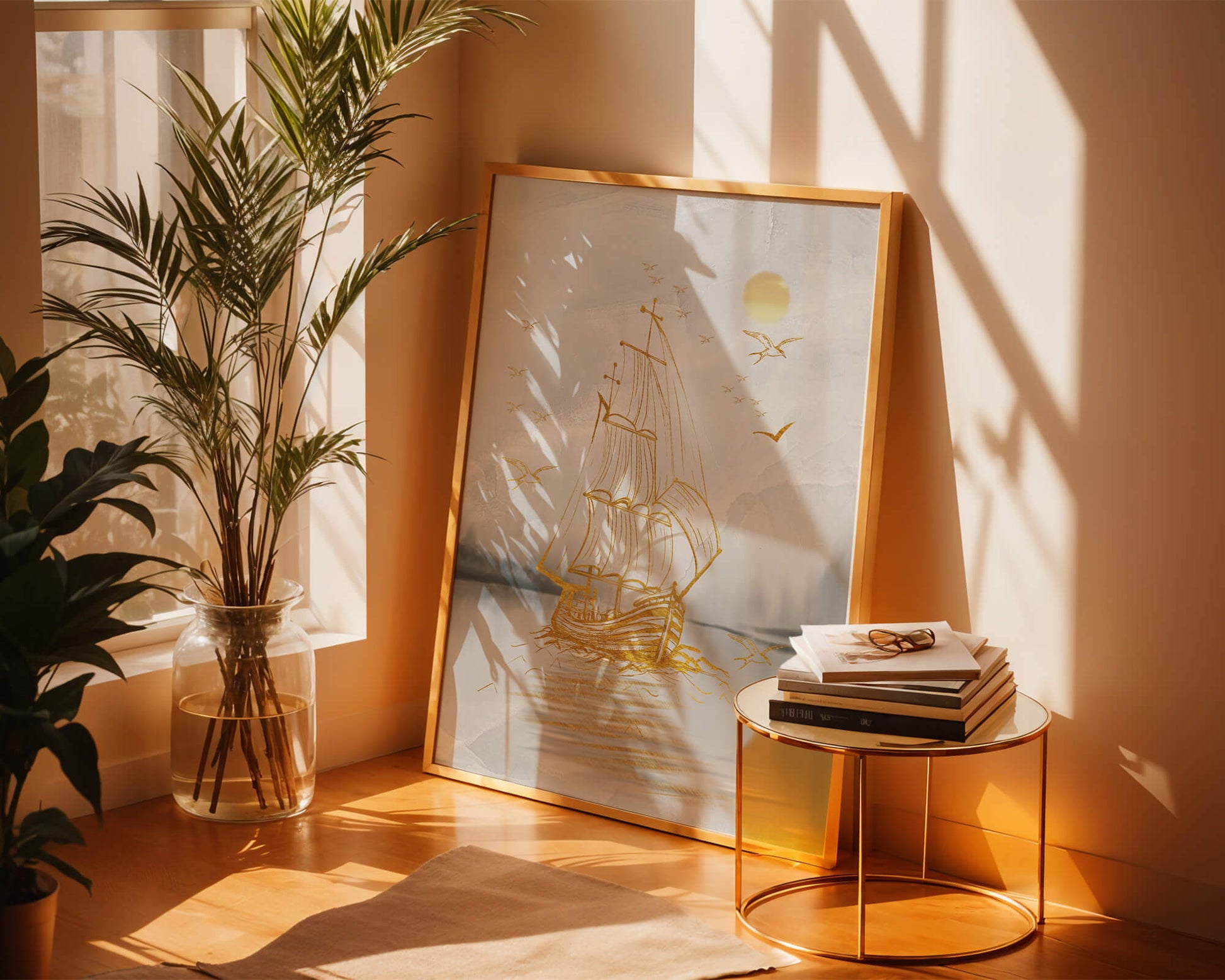 Serene nautical scene with golden sailboat at sea