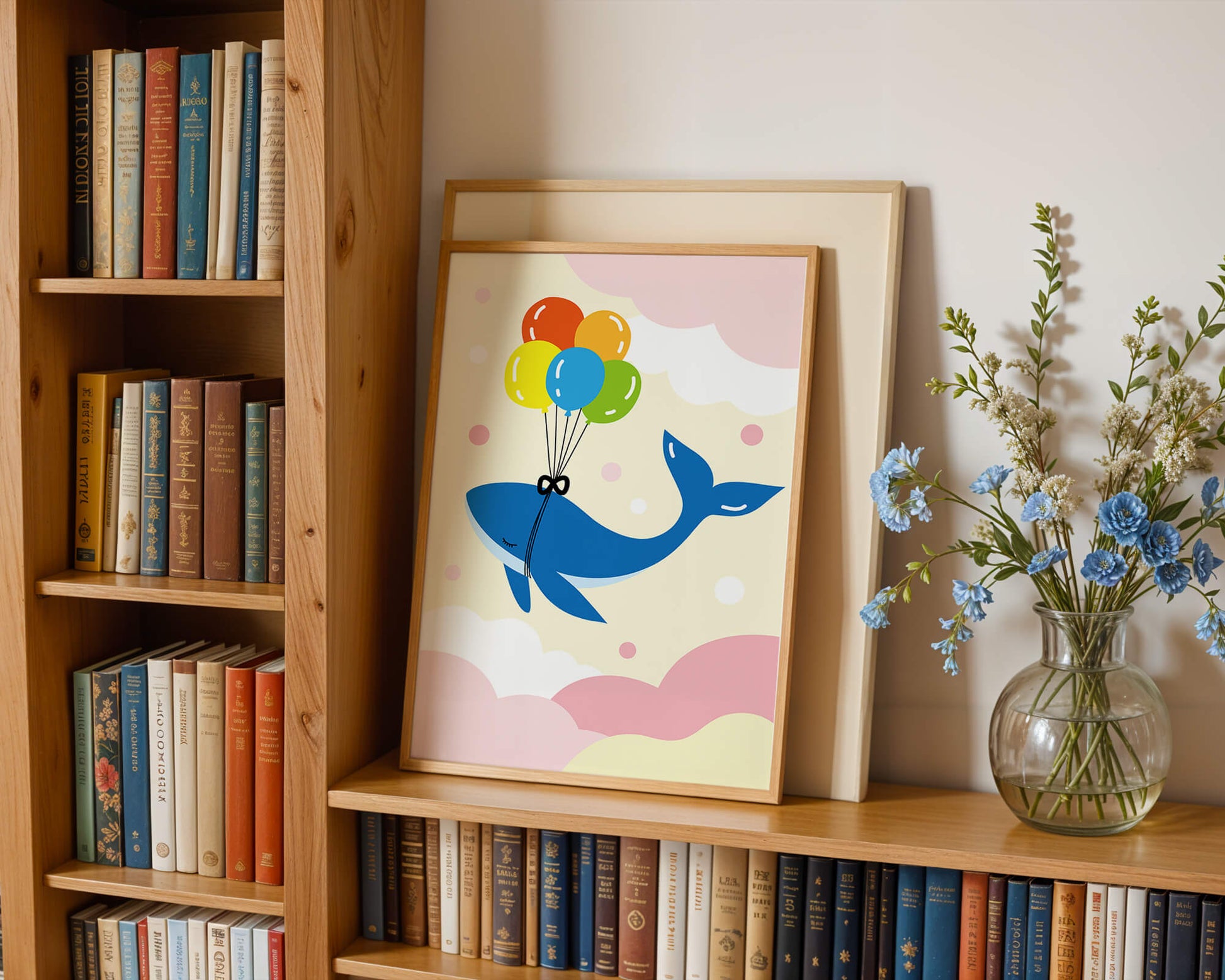 Skurriler Wal, der mit bunten Luftballons fliegt