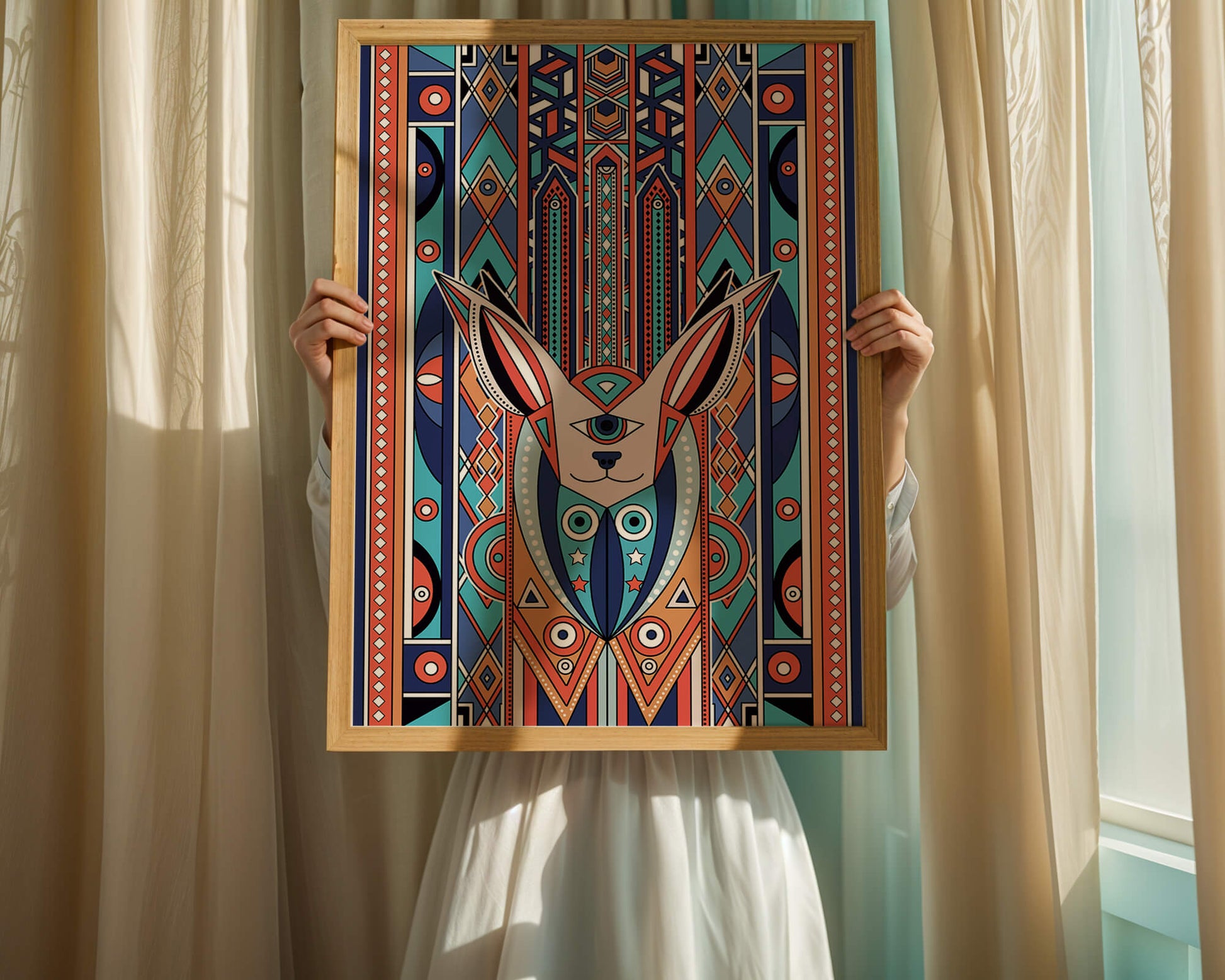 Diseño geométrico abstracto con motivo animal y patrones vibrantes