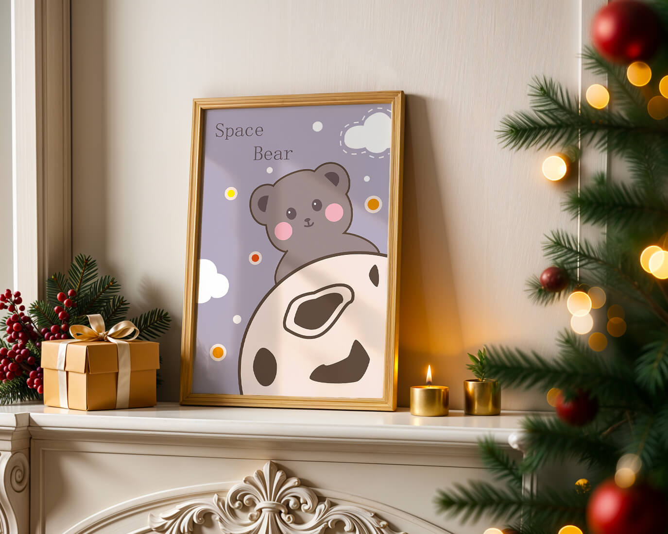 Adorable bear in a whimsical space-themed design with clouds and stars