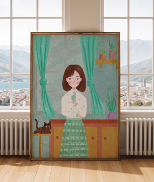 Charming Illustration of Woman and Cat in Cozy Living Room