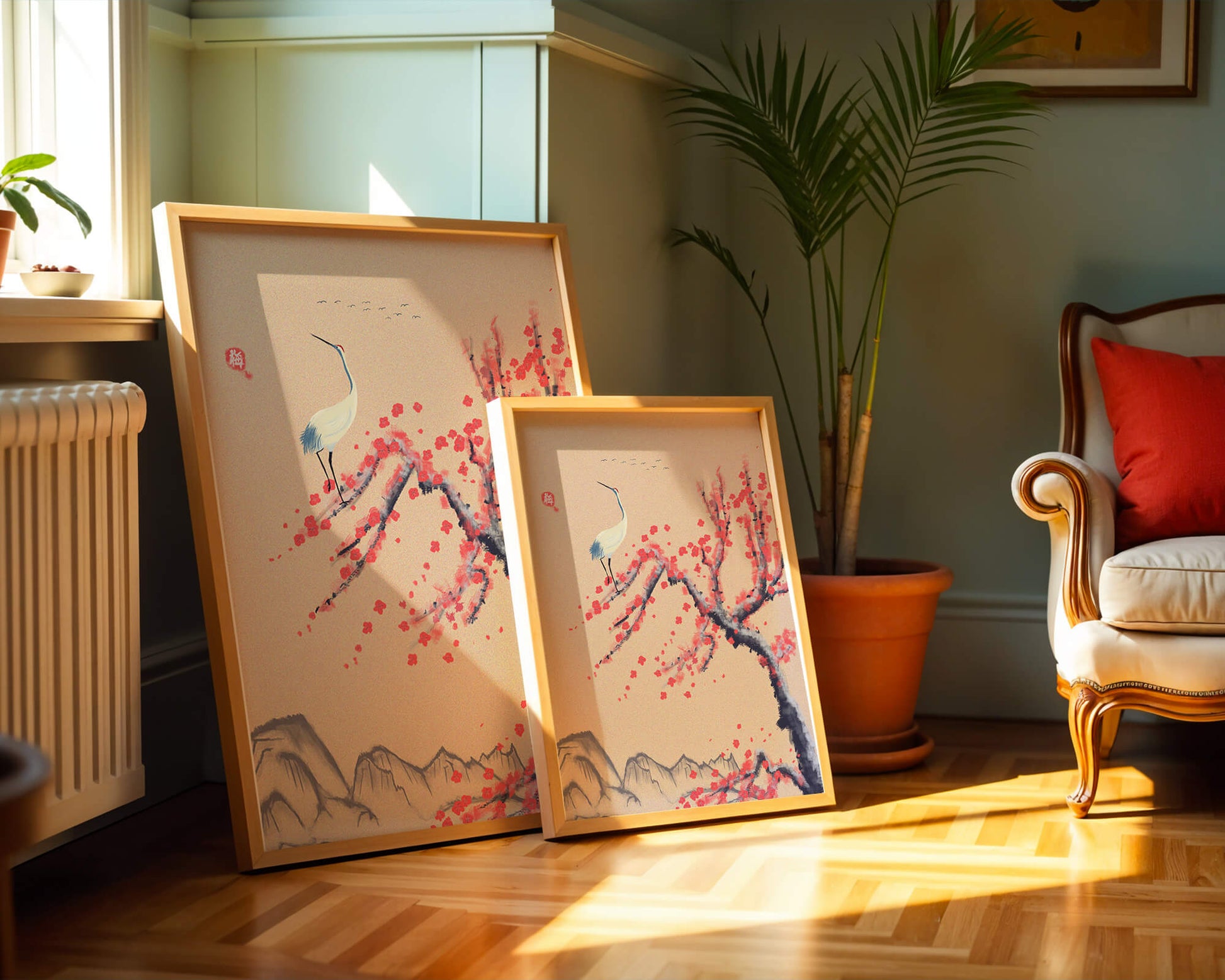 Elegant crane on cherry blossom tree with mountainous background