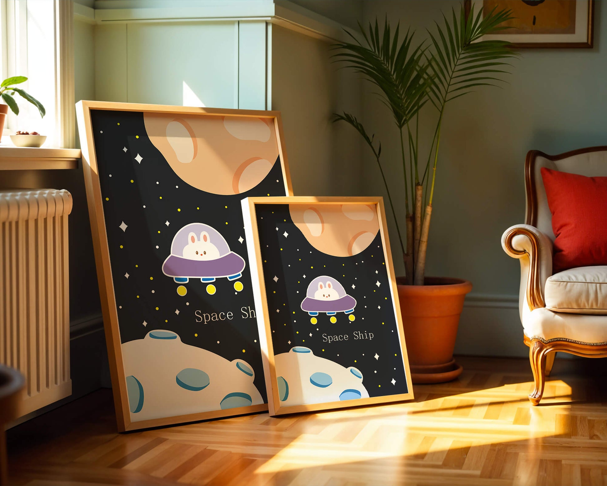 Cute bunny in spaceship with planets and stars in space illustration