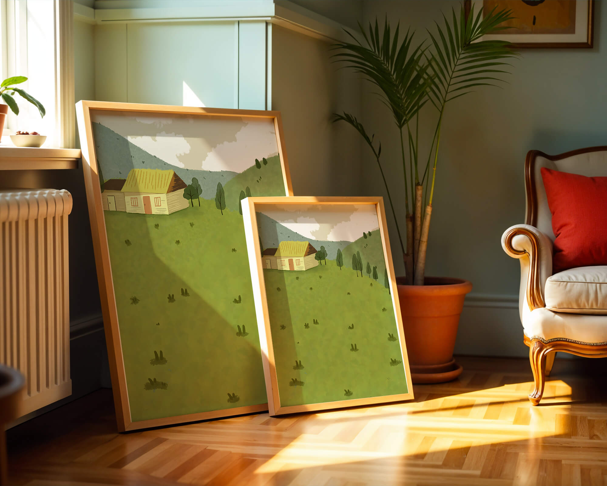 Charming countryside landscape with house and green hills