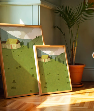 Charming countryside landscape with house and green hills