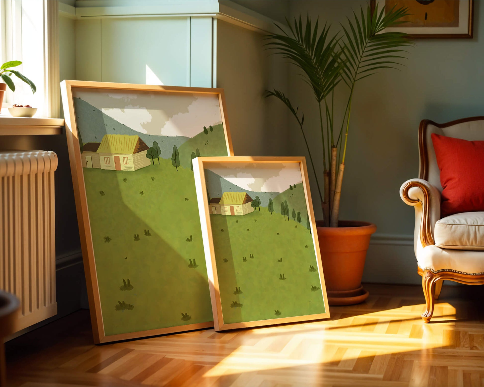 Charming countryside landscape with house and green hills