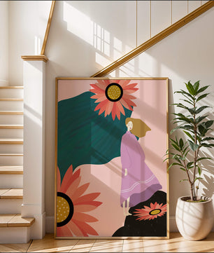 Stylized illustration of woman with vibrant floral elements