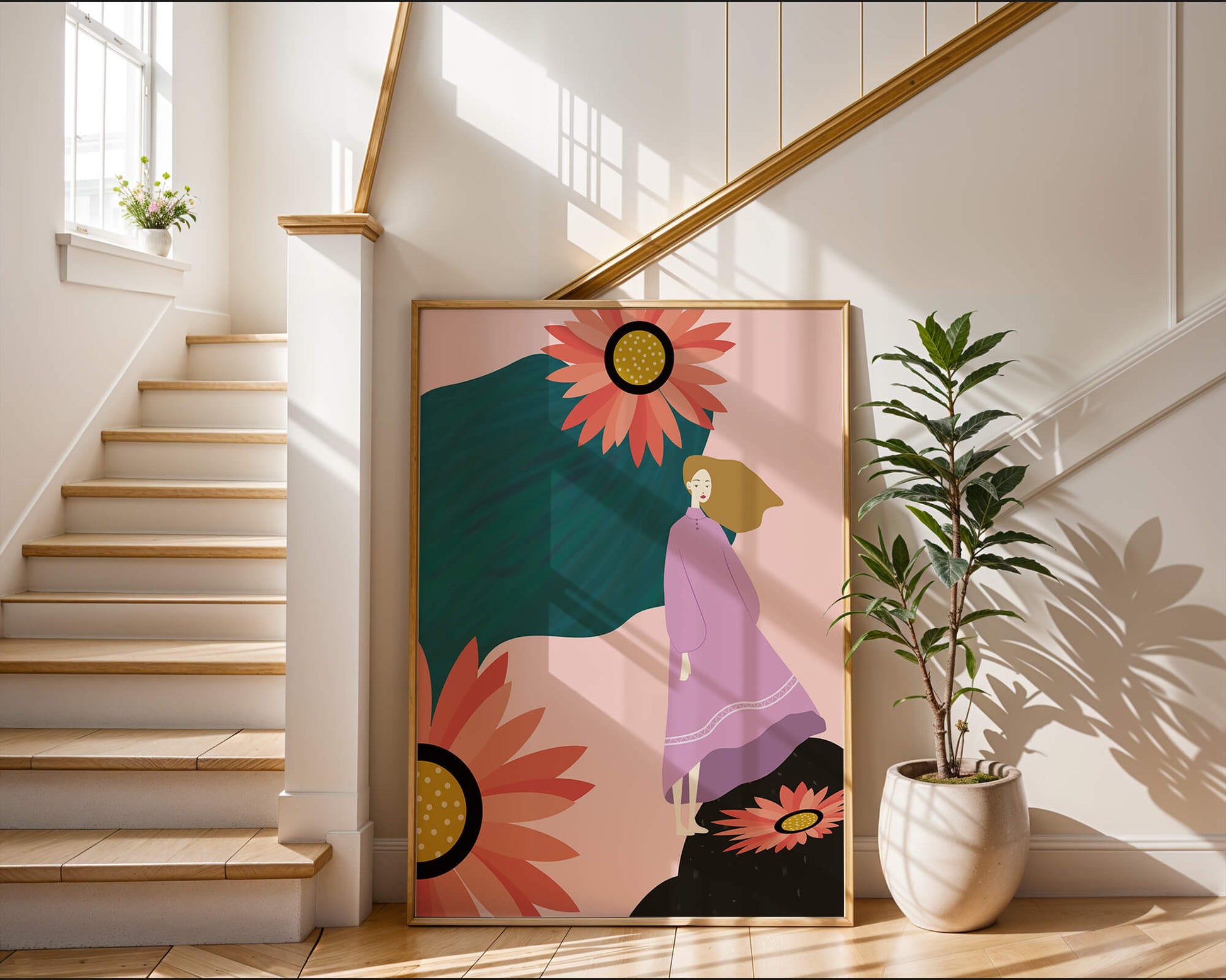 Stylized illustration of woman with vibrant floral elements