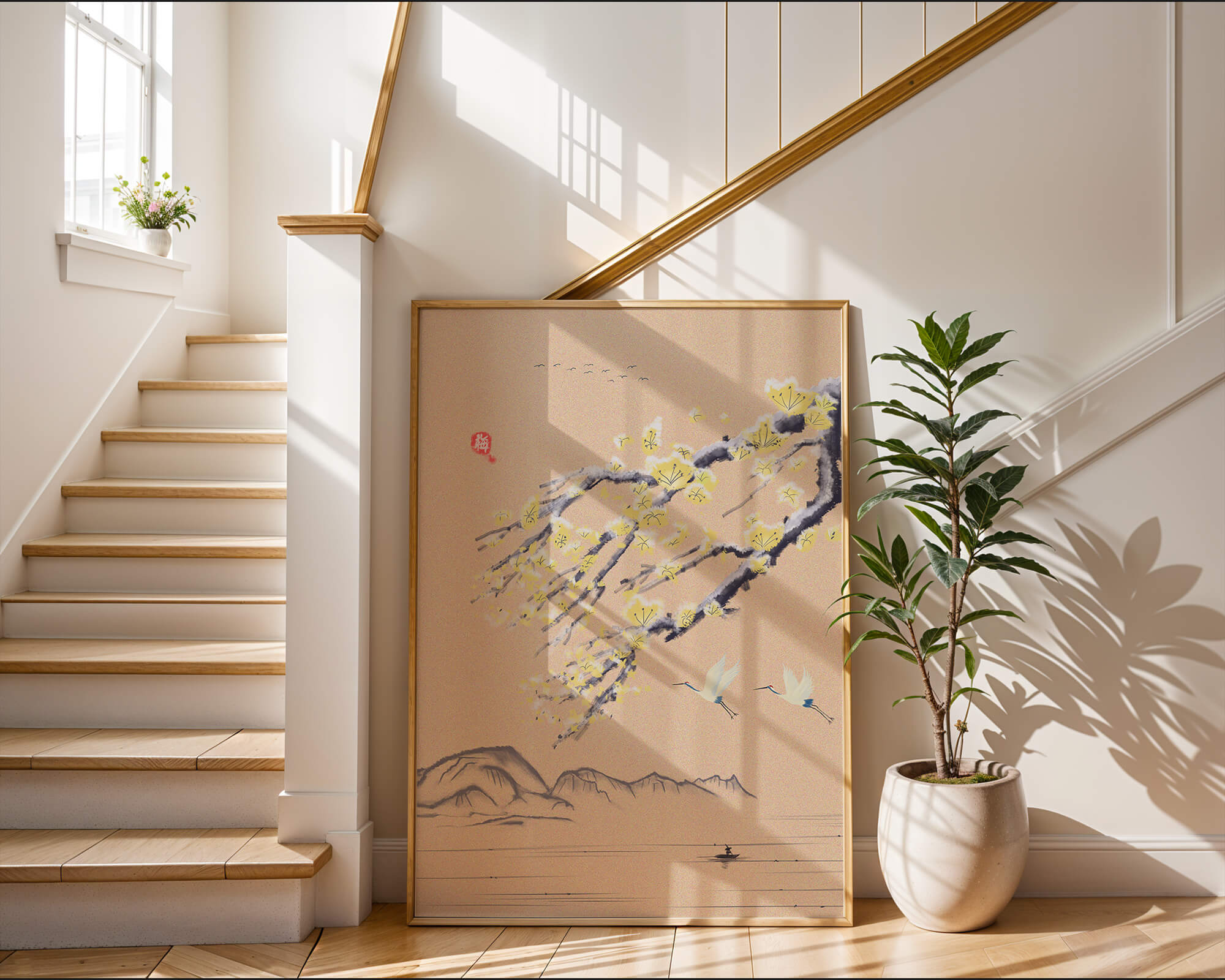 Tranquil landscape with blooming branches and flying cranes