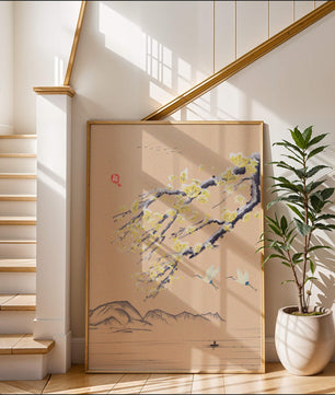 Tranquil landscape with blooming branches and flying cranes
