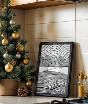 Abstract Black and White Geometric Landscape with Line Art