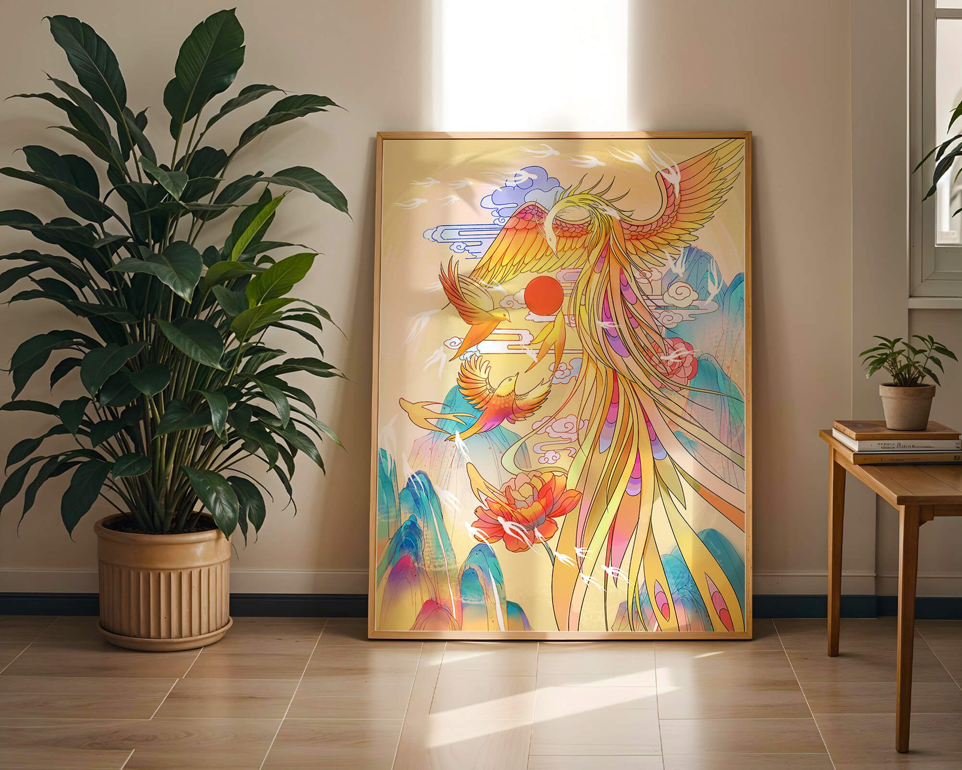 Colorful phoenix soaring in a dreamlike sky with vibrant flowers and mountains